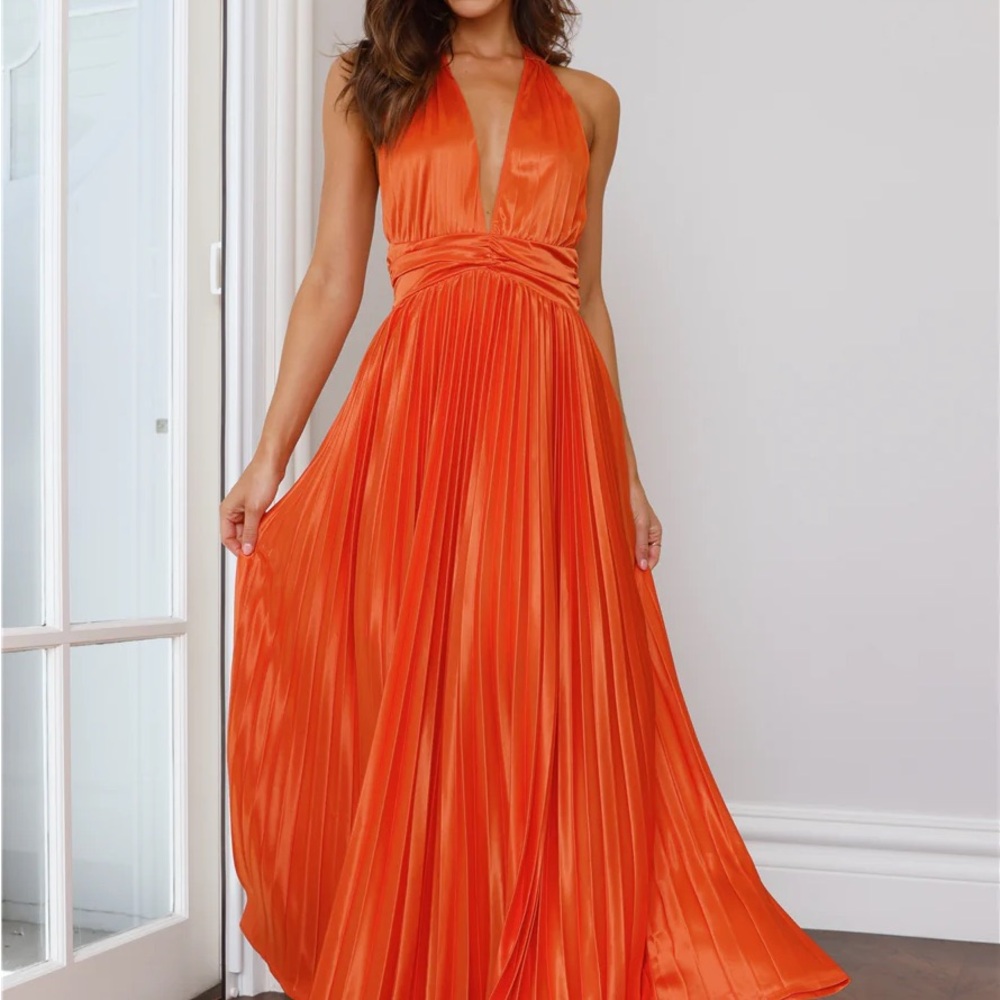 Shimmering Sea Pleated Halter Maxi Dress Orange